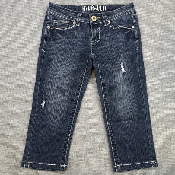Hydraulic Womens Blue Distressed Denim Capri Jeans Low Rise Straight Size 5/6 - Picture 1 of 12